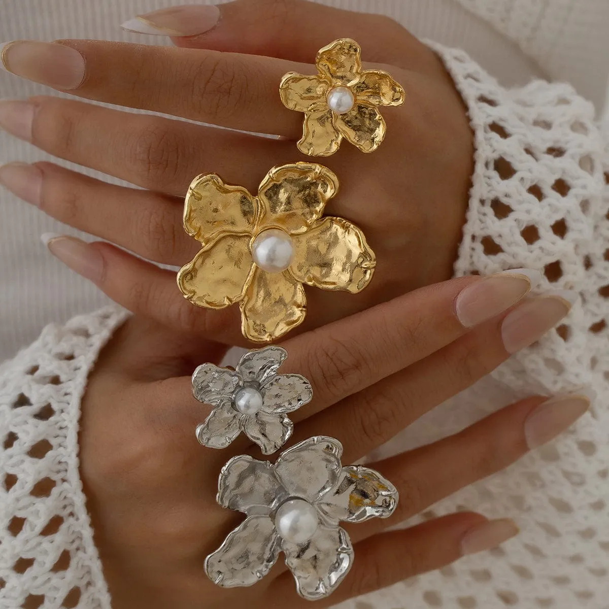 Elegant Pearl Flower Double Finger Ring