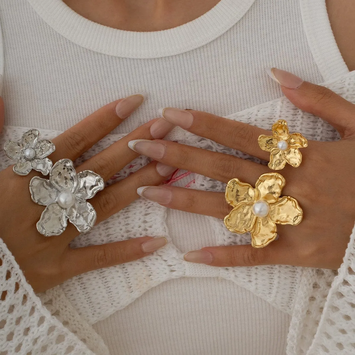 Elegant Pearl Flower Double Finger Ring