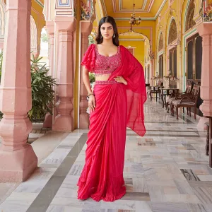 Elegant Pink Georgette Saree with Ruffle Border