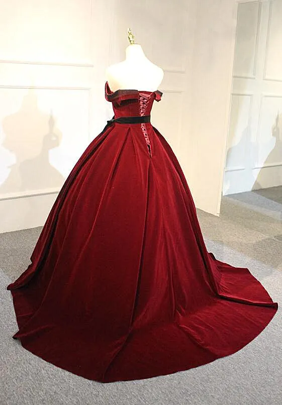 Elegant Wine Red Velvet Sweet 16 Gown with Belt, Off Shoulder Party Gown