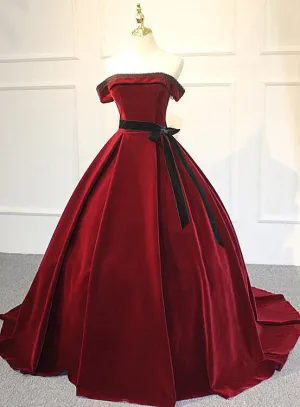 Elegant Wine Red Velvet Sweet 16 Gown with Belt, Off Shoulder Party Gown