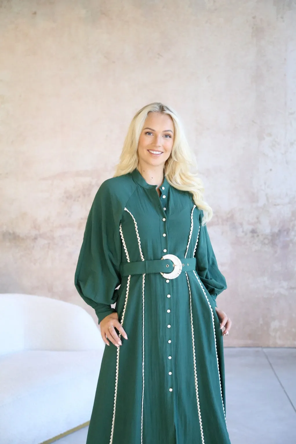 Emerald Green Long Sleeve 'Whimsical' Boho Maxi Dress with Pockets and Belt Feature