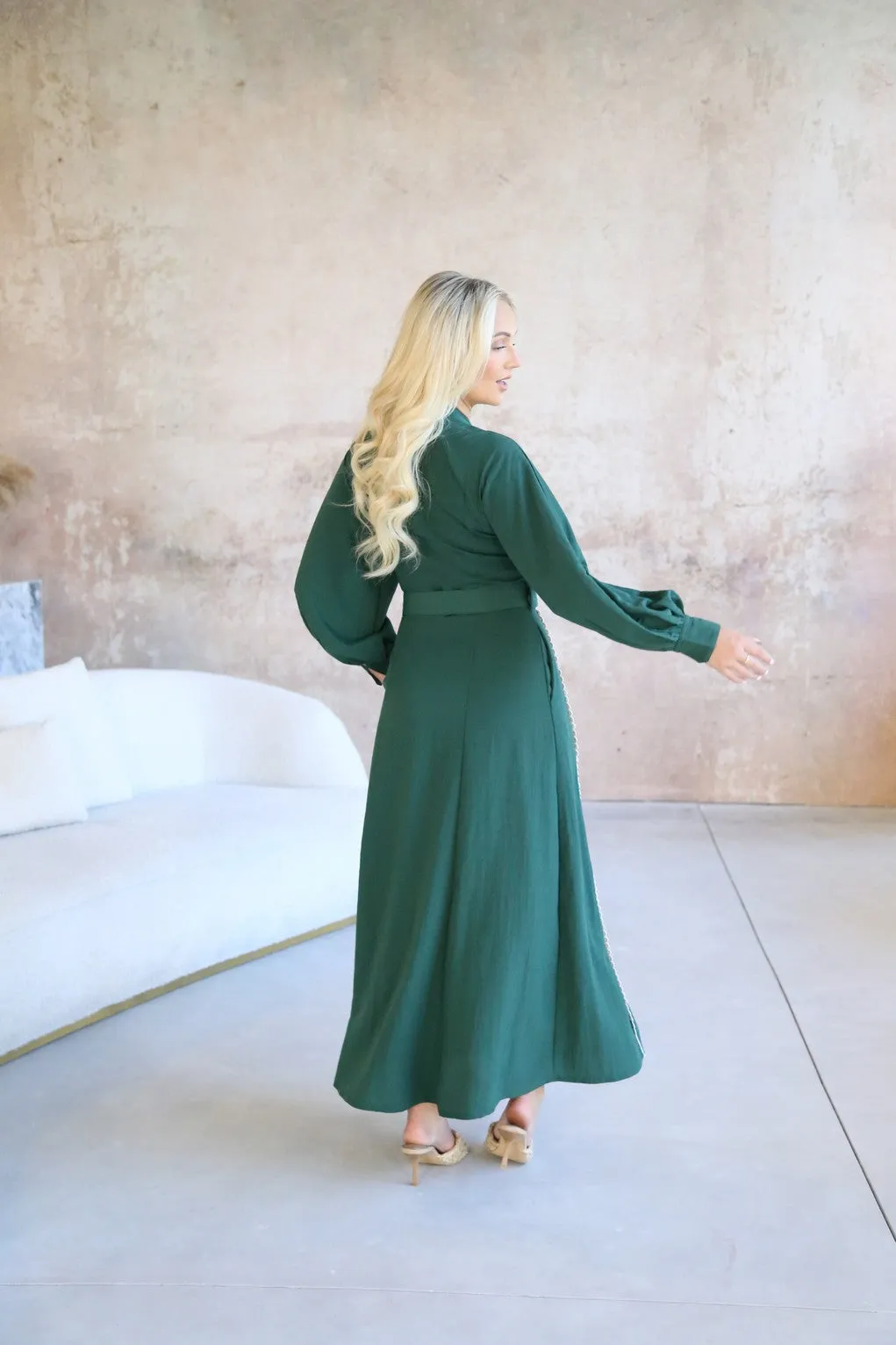 Emerald Green Long Sleeve 'Whimsical' Boho Maxi Dress with Pockets and Belt Feature
