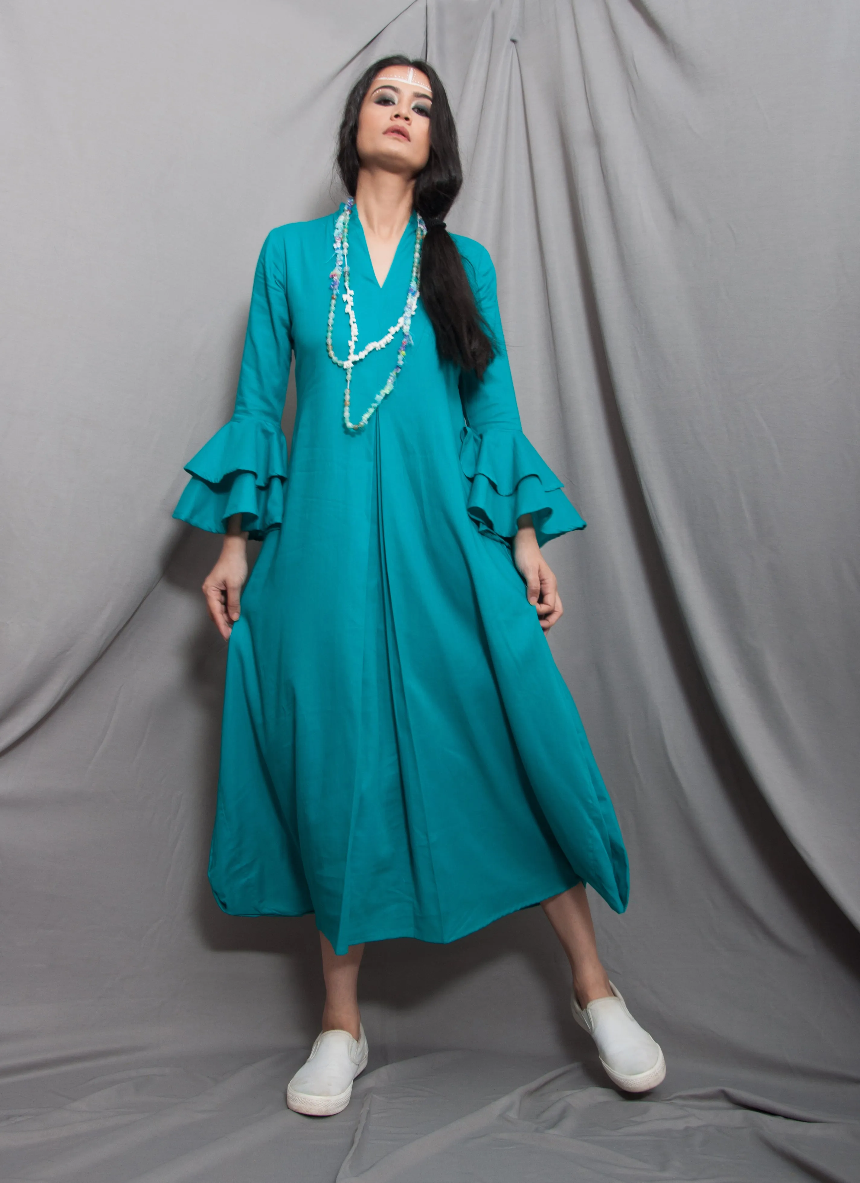 Essence- Turquoise Blue Cowl Dress With Necklace & Bell Sleeve