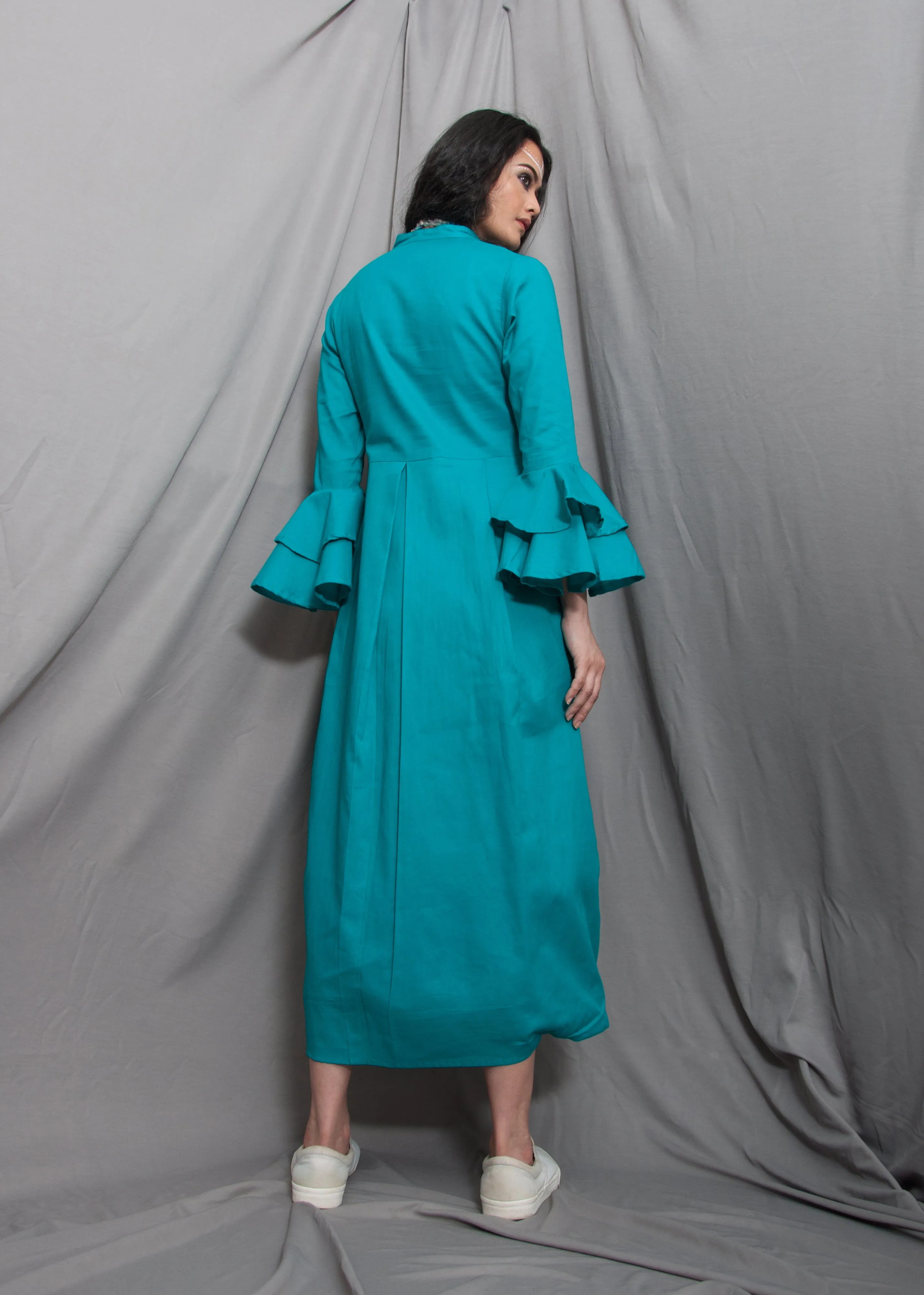 Essence- Turquoise Blue Cowl Dress With Necklace & Bell Sleeve