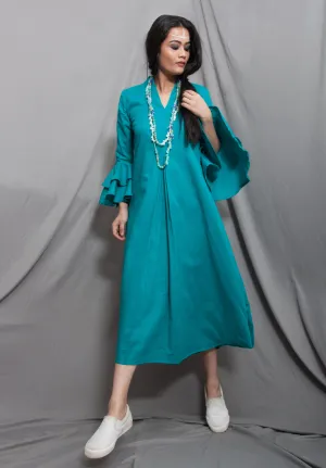 Essence- Turquoise Blue Cowl Dress With Necklace & Bell Sleeve
