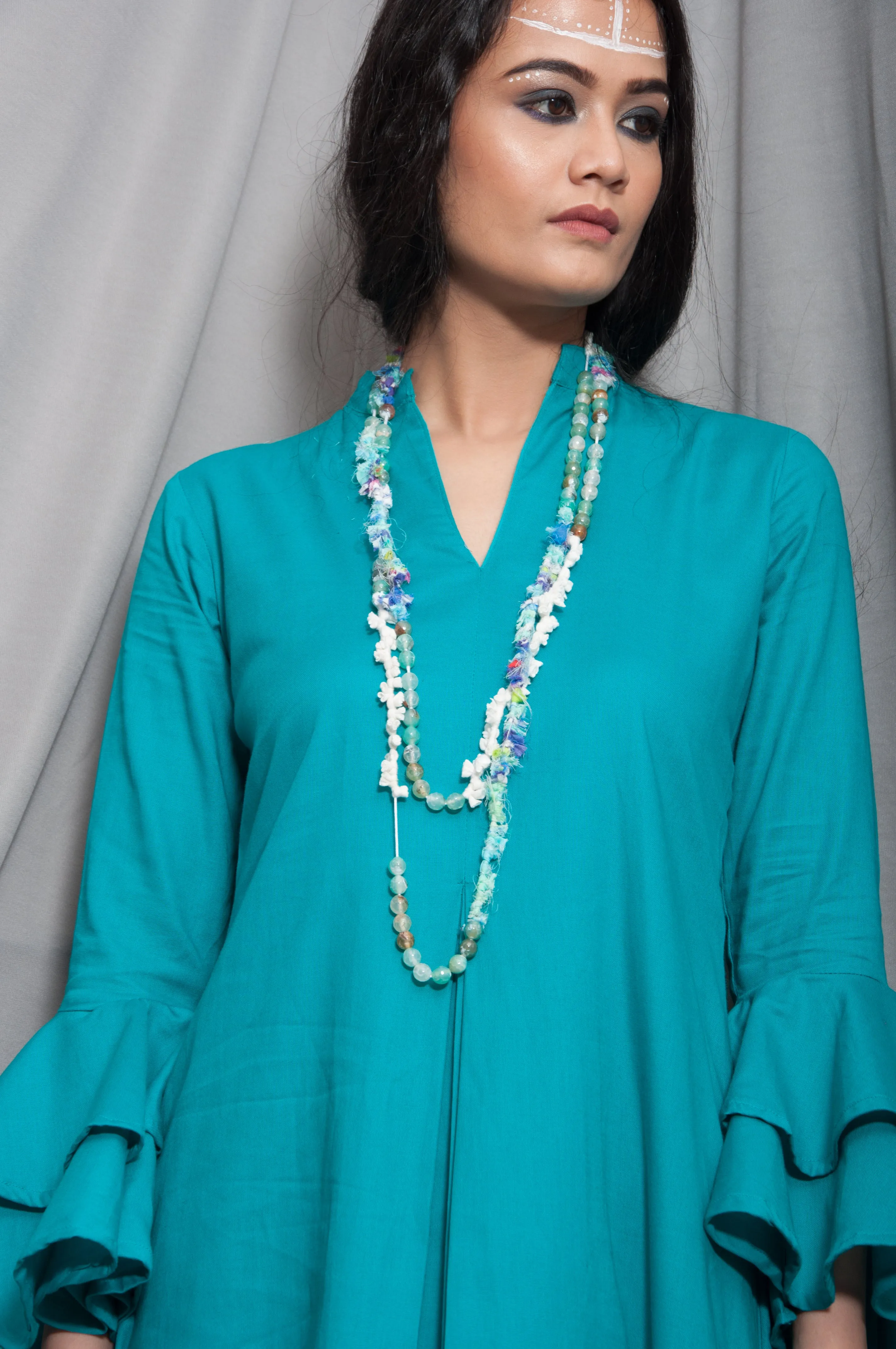 Essence- Turquoise Blue Cowl Dress With Necklace & Bell Sleeve