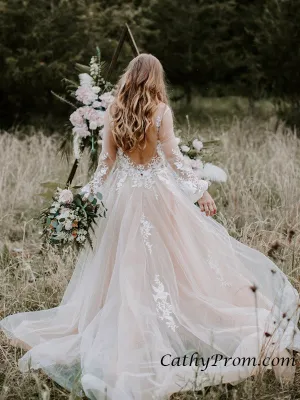 Exquisite Lace Appliques Long Sleeve Wedding Dress Sexy V-neck Rustic Wedding Dresses PIN0713
