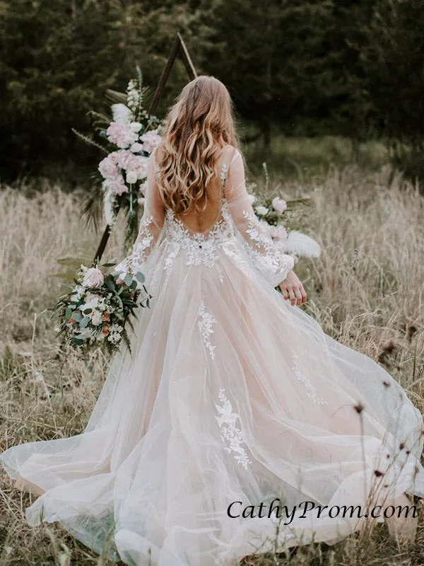 Exquisite Lace Appliques Long Sleeve Wedding Dress Sexy V-neck Rustic Wedding Dresses PIN0713