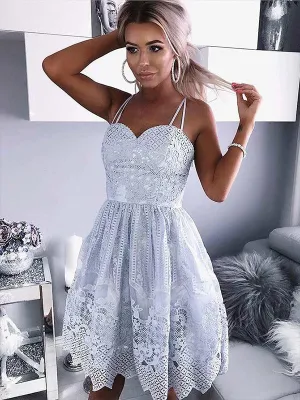 Exquisite Lace Light Blue Homecoming Dress Spaghetti Straps Short Prom Party Dress CA2103