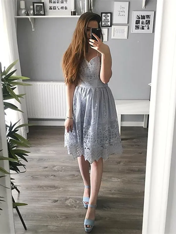 Exquisite Lace Light Blue Homecoming Dress Spaghetti Straps Short Prom Party Dress CA2103