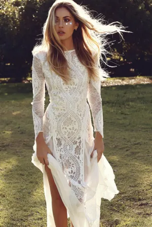 Exquisite Lace Long Sleeve Sexy Backless Rustic Wedding Dress Bridal Gown YRL115