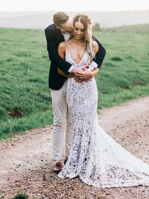 Exquisite Lace Sexy V-neck Mermaid Wedding Dress Straps Rustic Wedding Dress Bridal Gown PIN0715