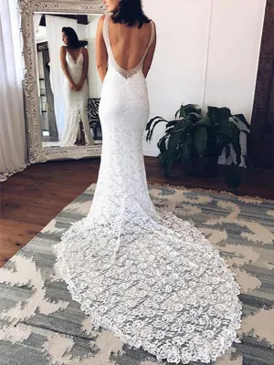 Exquisite Lace Trumpet Mermaid Wedding Dress with Slit Sexy Backless Bohemian Wedding Dress CA066