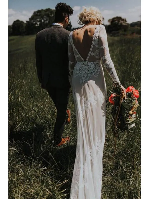 Exquisite Lace Wedding Dress Long Sleeve Open Back Rustic Wedding Dress Bridal Gown CP027