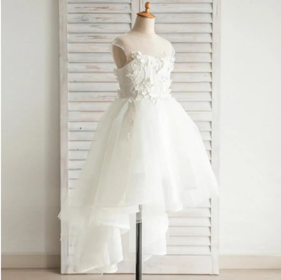 Fashion Hi-low Lovely Appliques Cap Sleeve  Open Back See-through Tulle Flower Girl Dresses, FGY0118