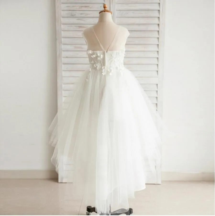 Fashion Hi-low Lovely Appliques Cap Sleeve  Open Back See-through Tulle Flower Girl Dresses, FGY0118