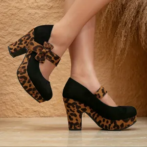 Fashionable French-Style Block Heel Pumps with Leopard Print Bow