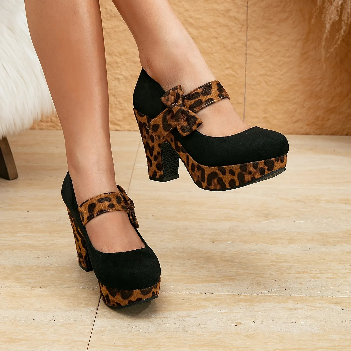 Fashionable French-Style Block Heel Pumps with Leopard Print Bow