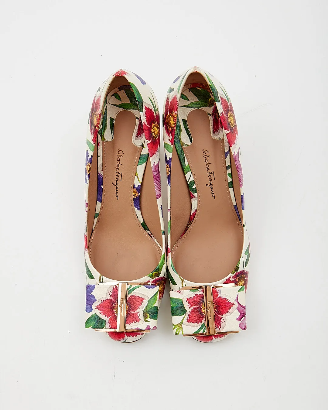 Ferragamo Floral Leather Bow Accent Pumps - 7.5