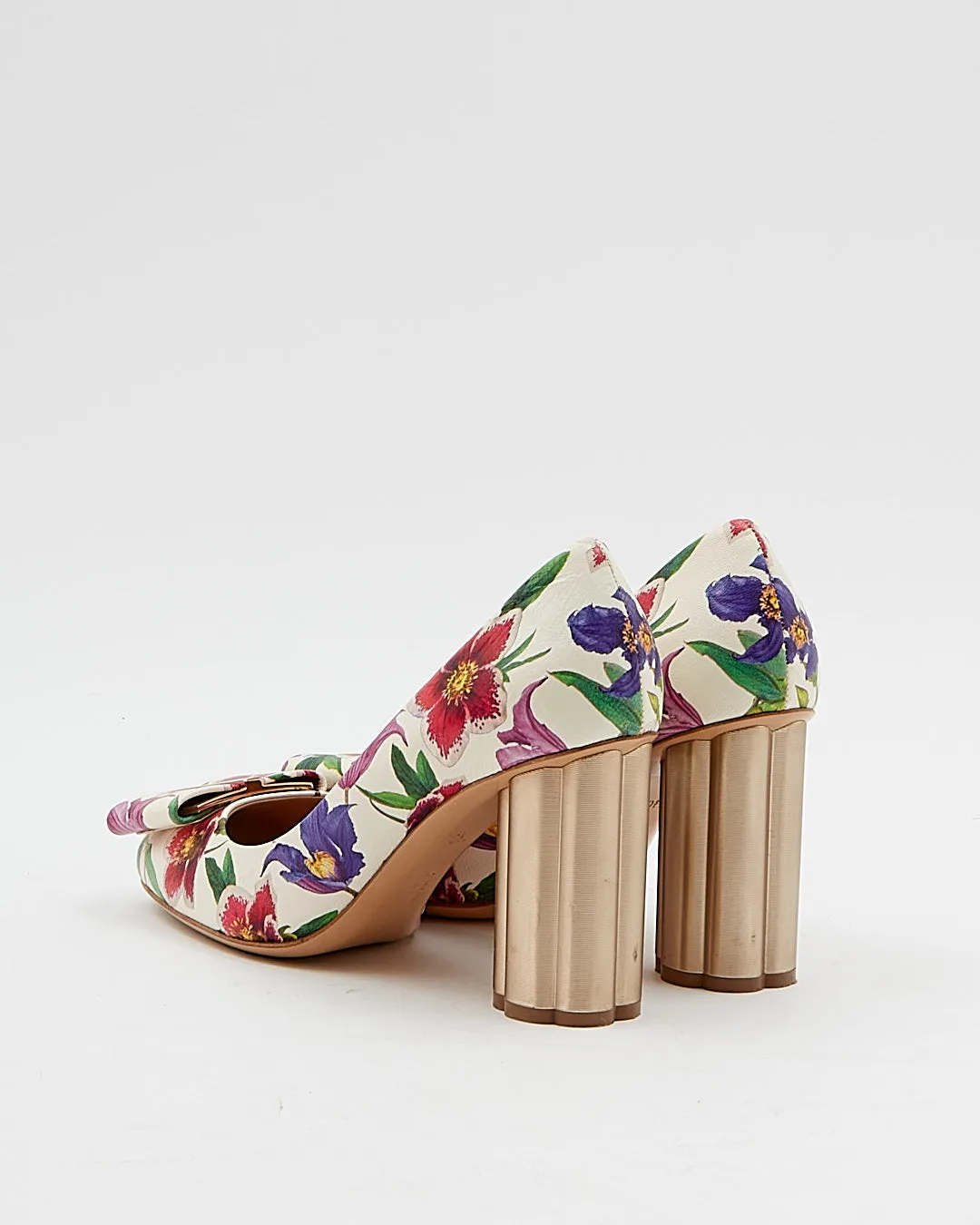 Ferragamo Floral Leather Bow Accent Pumps - 7.5