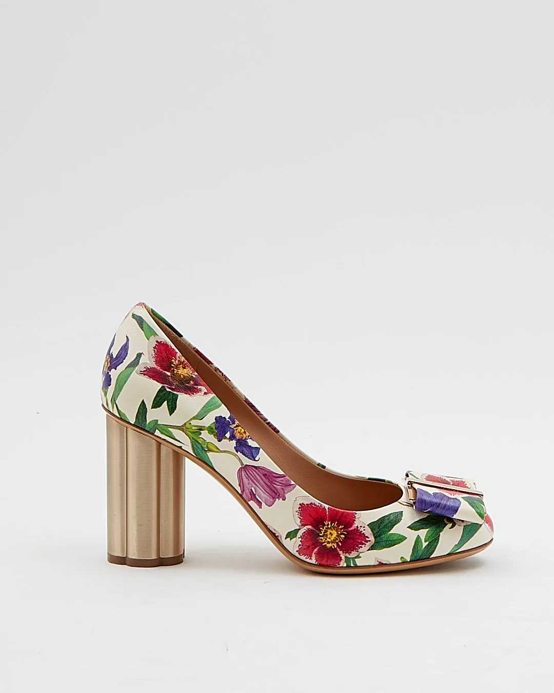 Ferragamo Floral Leather Bow Accent Pumps - 7.5