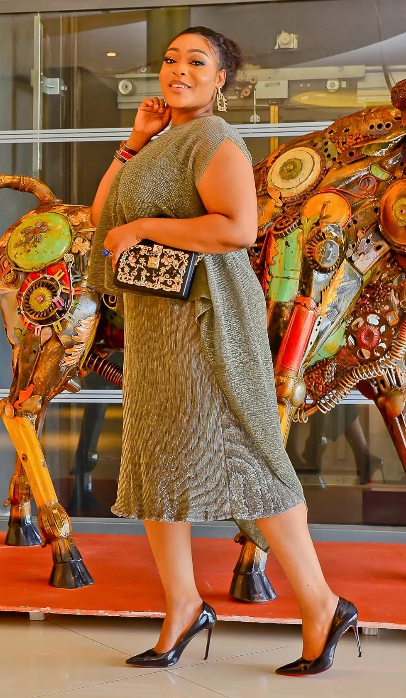FINAL SALE! Wealthy Boss Lady- 2pc Metallic Mesh Miyaki Shawl Top/Midi Dress SET (CLEARANCE OUTLET! Final Sale/No Return/No Exchange!)