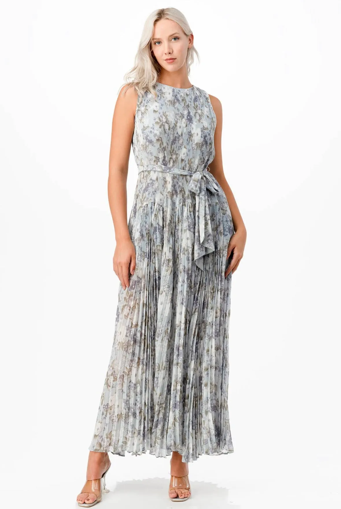 FLEUR MIX PLEATS SLEEVELESS MAXI DRESS