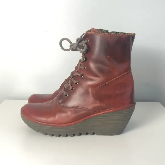 Fly London Lace Up Wedge Heel Booties Sz 38 US 7.5-8 EUC funky trendy colorful
