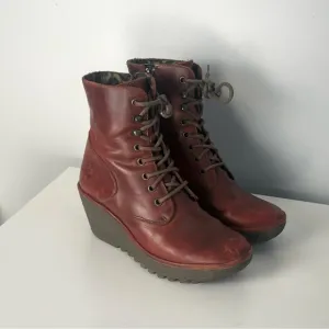 Fly London Lace Up Wedge Heel Booties Sz 38 US 7.5-8 EUC funky trendy colorful