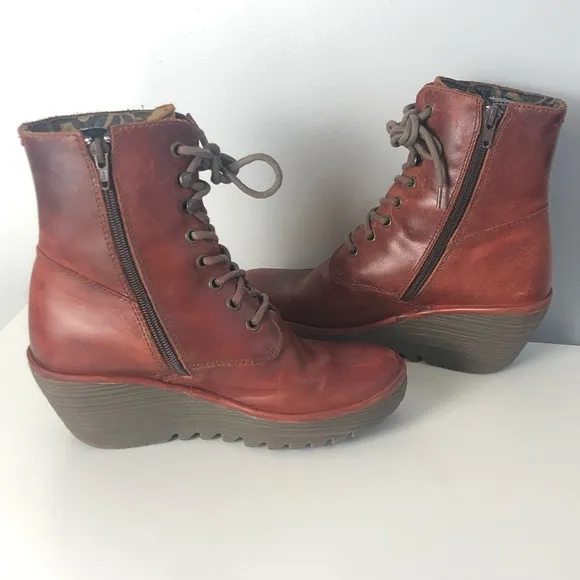 Fly London Lace Up Wedge Heel Booties Sz 38 US 7.5-8 EUC funky trendy colorful