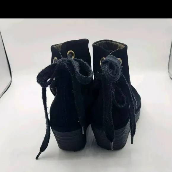 FLY LONDON Yama Black Suede Platform Wedge Ankle Bootie Lace Size 37 US 6 6.5