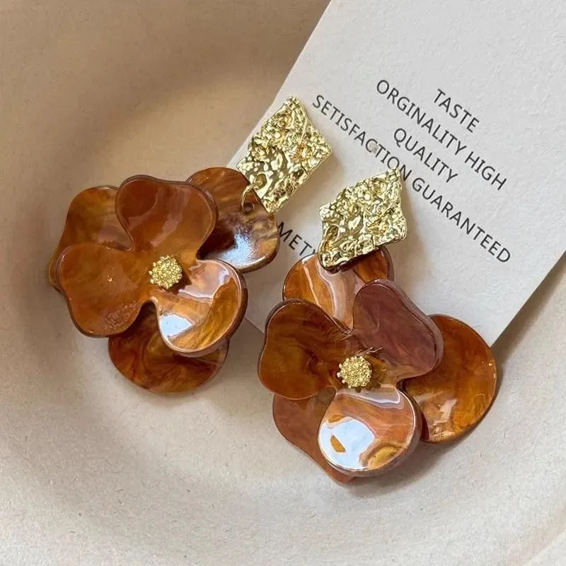 French Style Chunky Flower Dangle Textured Square Earrings