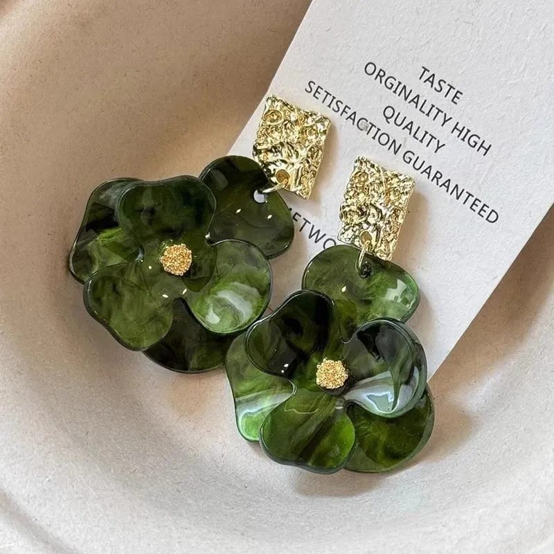 French Style Chunky Flower Dangle Textured Square Earrings