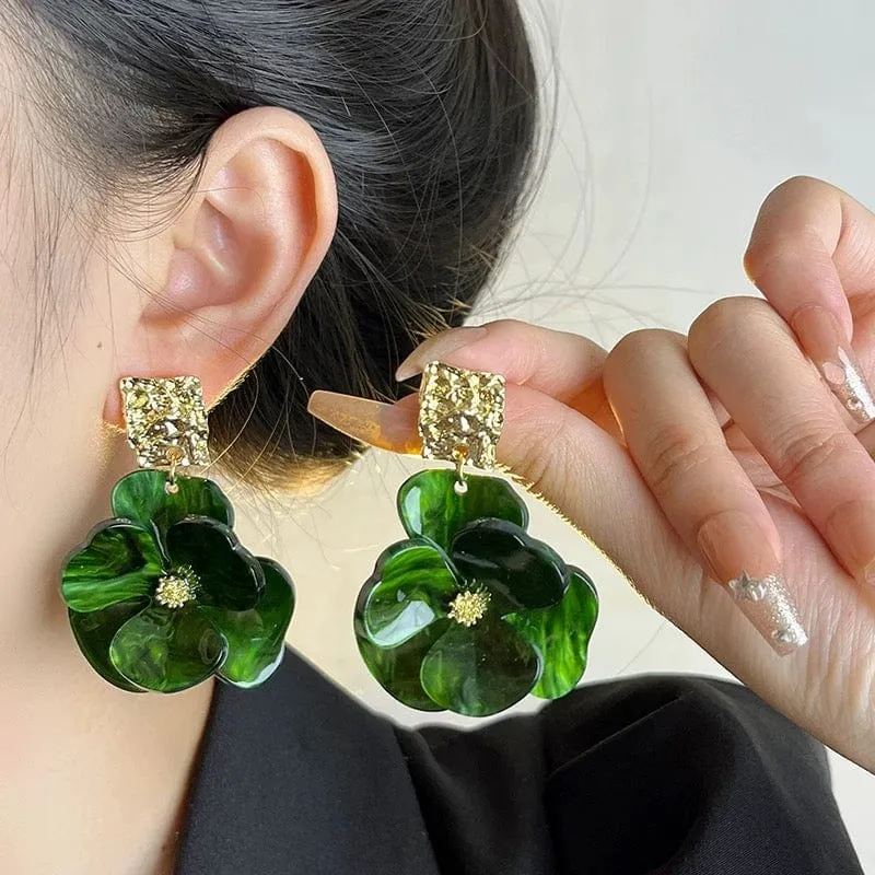 French Style Chunky Flower Dangle Textured Square Earrings