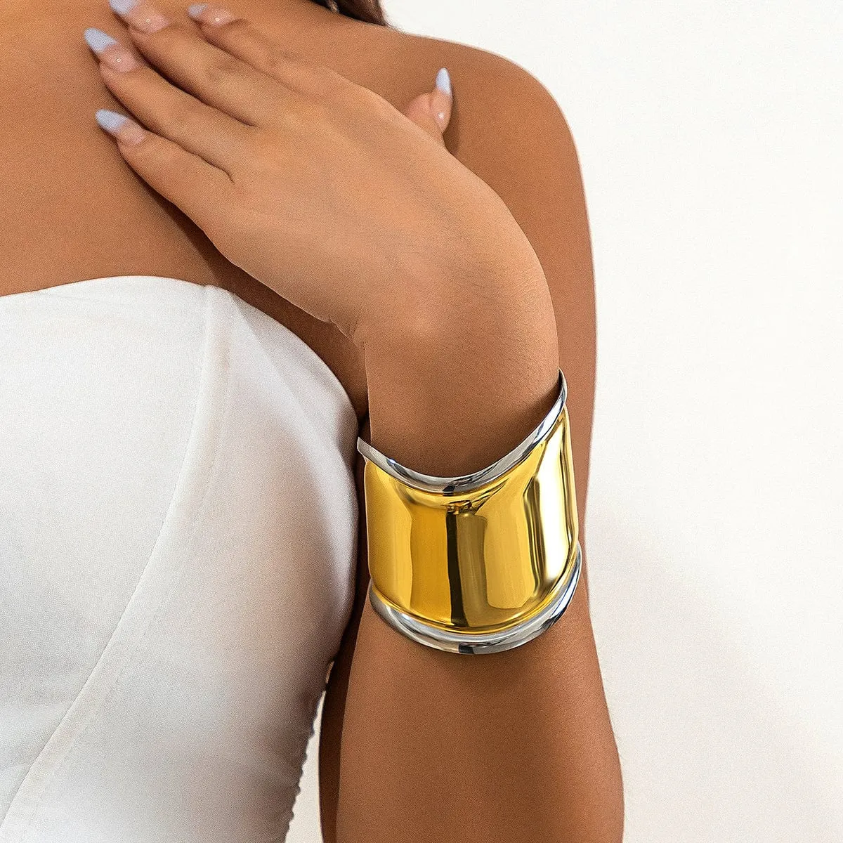 French Style Gold Silver Plated Wide Glossy Open Cuff Bracelet