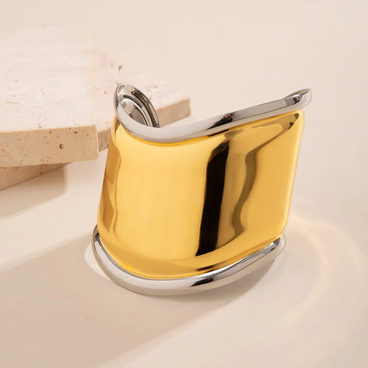French Style Gold Silver Plated Wide Glossy Open Cuff Bracelet
