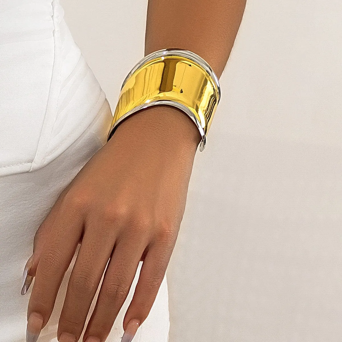 French Style Gold Silver Plated Wide Glossy Open Cuff Bracelet