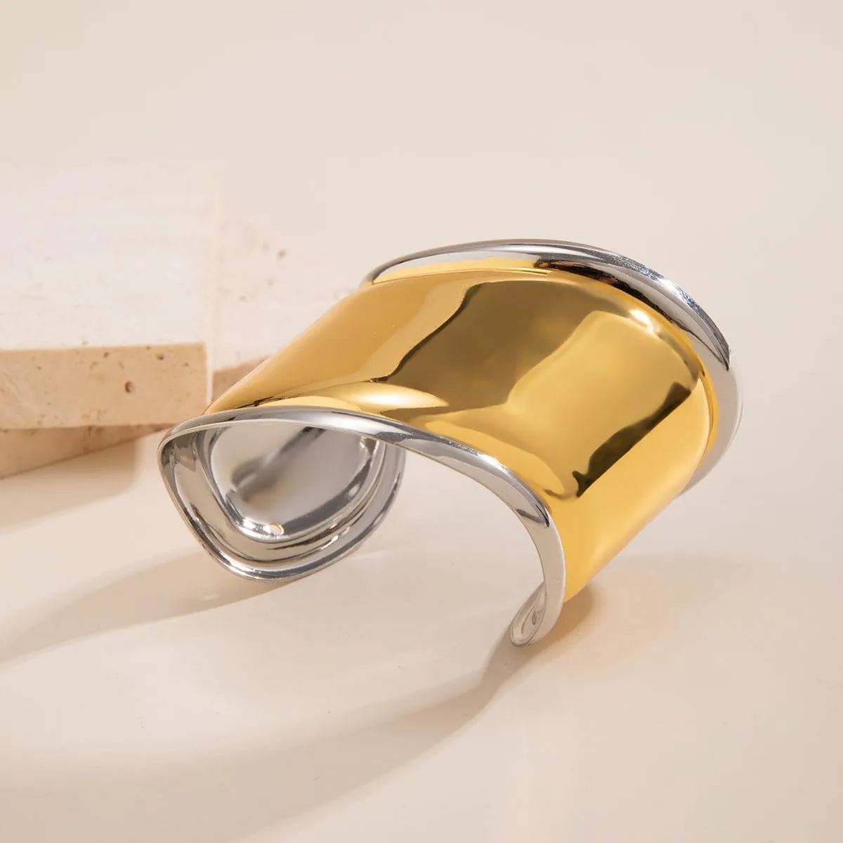 French Style Gold Silver Plated Wide Glossy Open Cuff Bracelet
