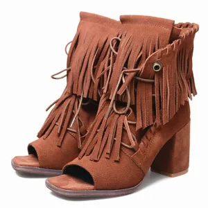 Full Fringed Women Ankle Boots Peep Toe Summer Boots Suede Chunky High Heels Tassels Lace Up Sandals Women Pumps