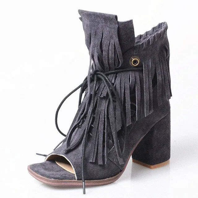 Full Fringed Women Ankle Boots Peep Toe Summer Boots Suede Chunky High Heels Tassels Lace Up Sandals Women Pumps