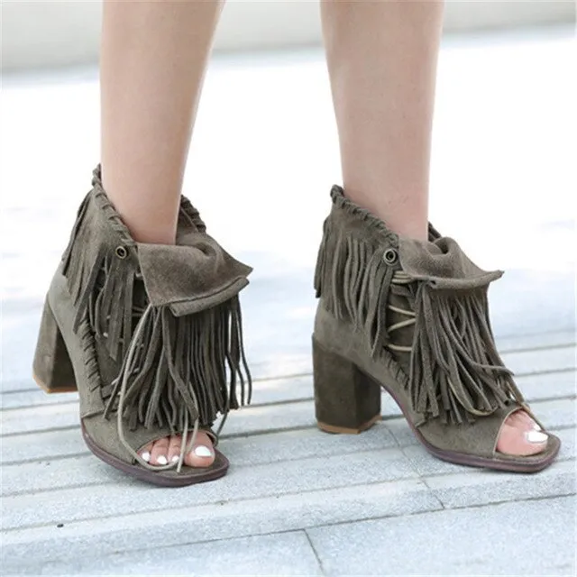 Full Fringed Women Ankle Boots Peep Toe Summer Boots Suede Chunky High Heels Tassels Lace Up Sandals Women Pumps