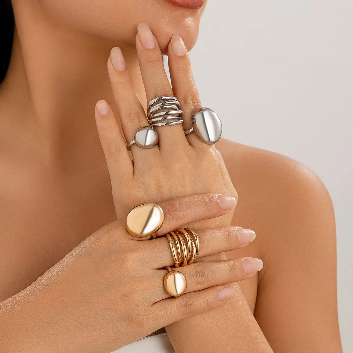 Geometric 3Pcs Chunky Glossy Hollow Ring Set
