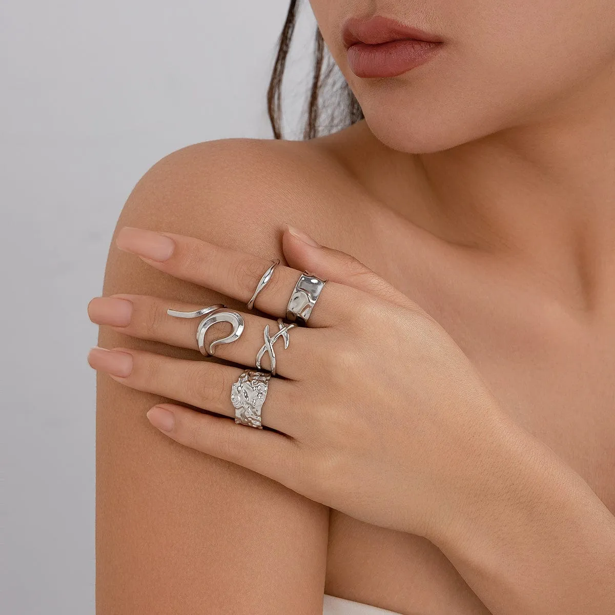 Geometric 5Pcs Chunky Hammered Stackable Open Ring Set
