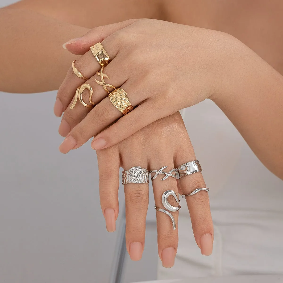 Geometric 5Pcs Chunky Hammered Stackable Open Ring Set