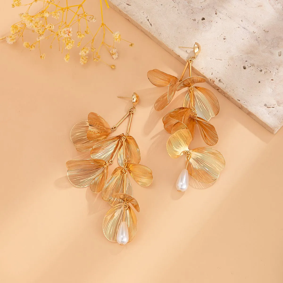 Geometric Abstract Chunky Dangling Floral Pearl Earrings