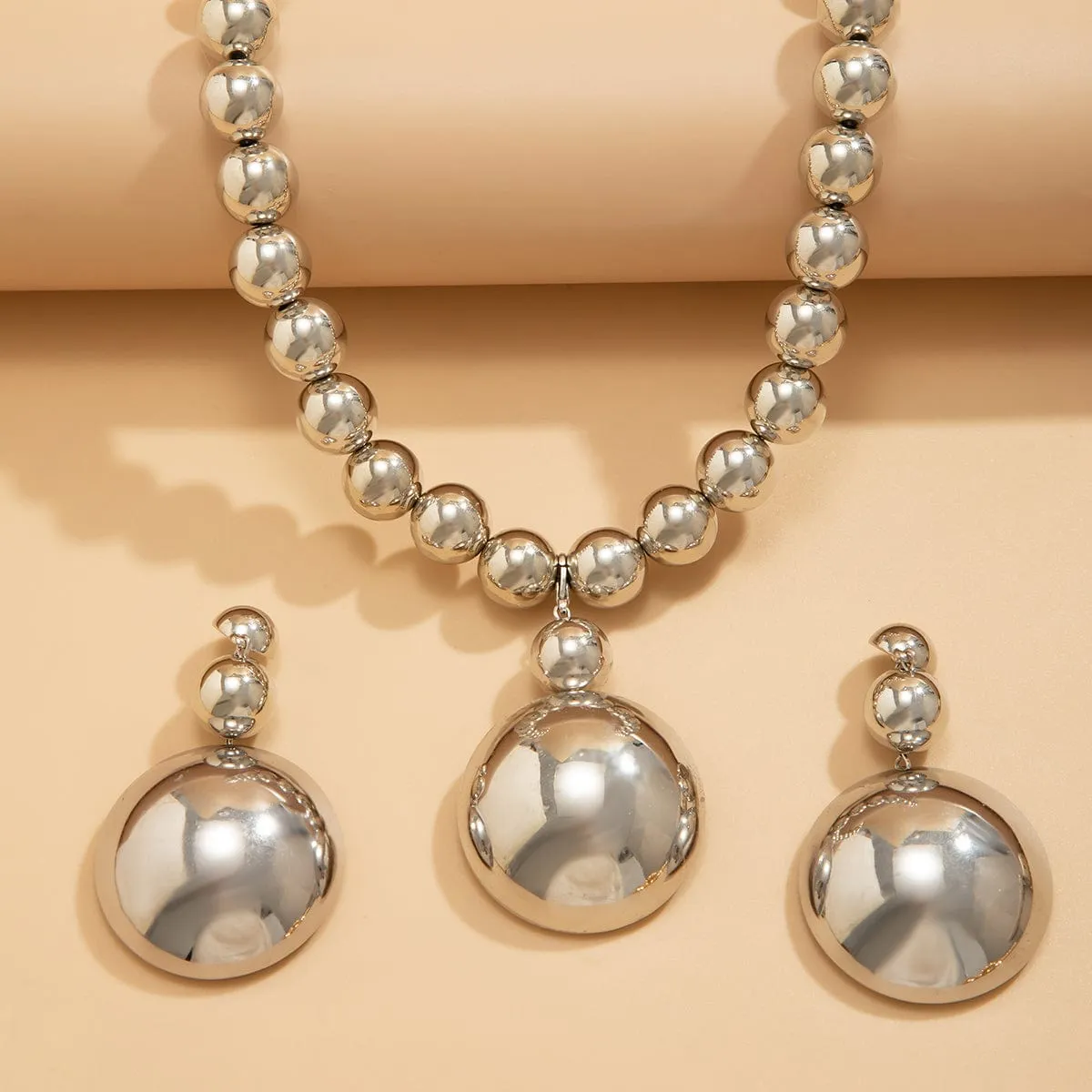 Geometric Chunky Circular Pendant Ball Chain Necklace Earrings Set