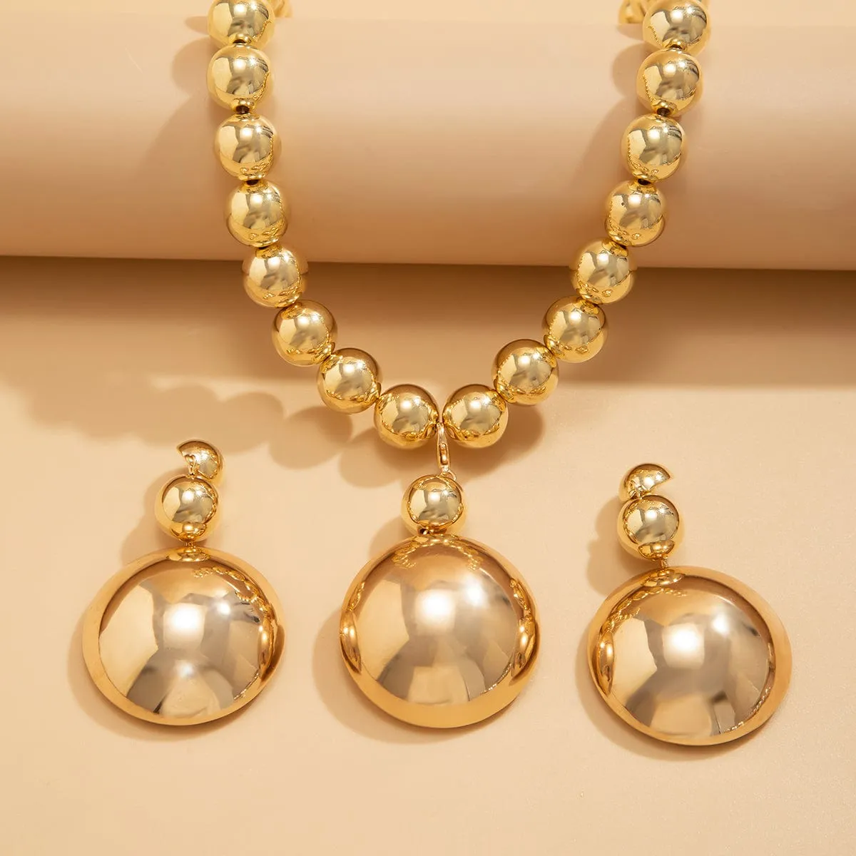 Geometric Chunky Circular Pendant Ball Chain Necklace Earrings Set