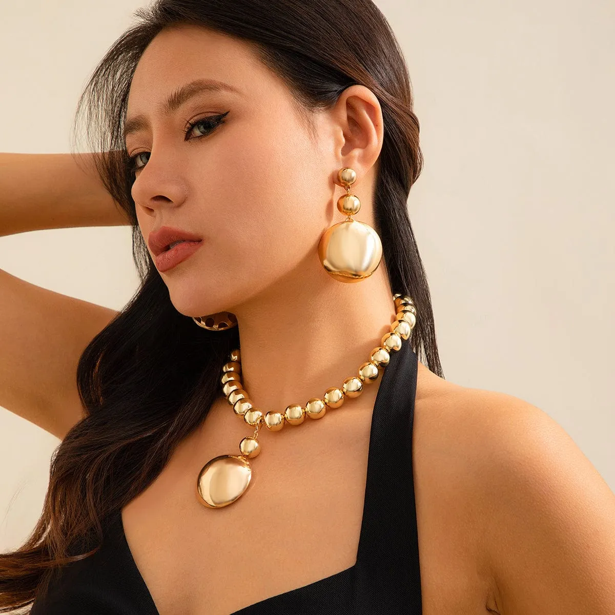 Geometric Chunky Circular Pendant Ball Chain Necklace Earrings Set