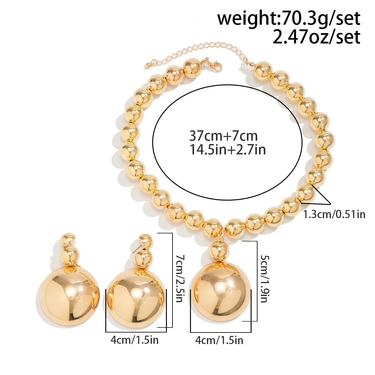 Geometric Chunky Circular Pendant Ball Chain Necklace Earrings Set